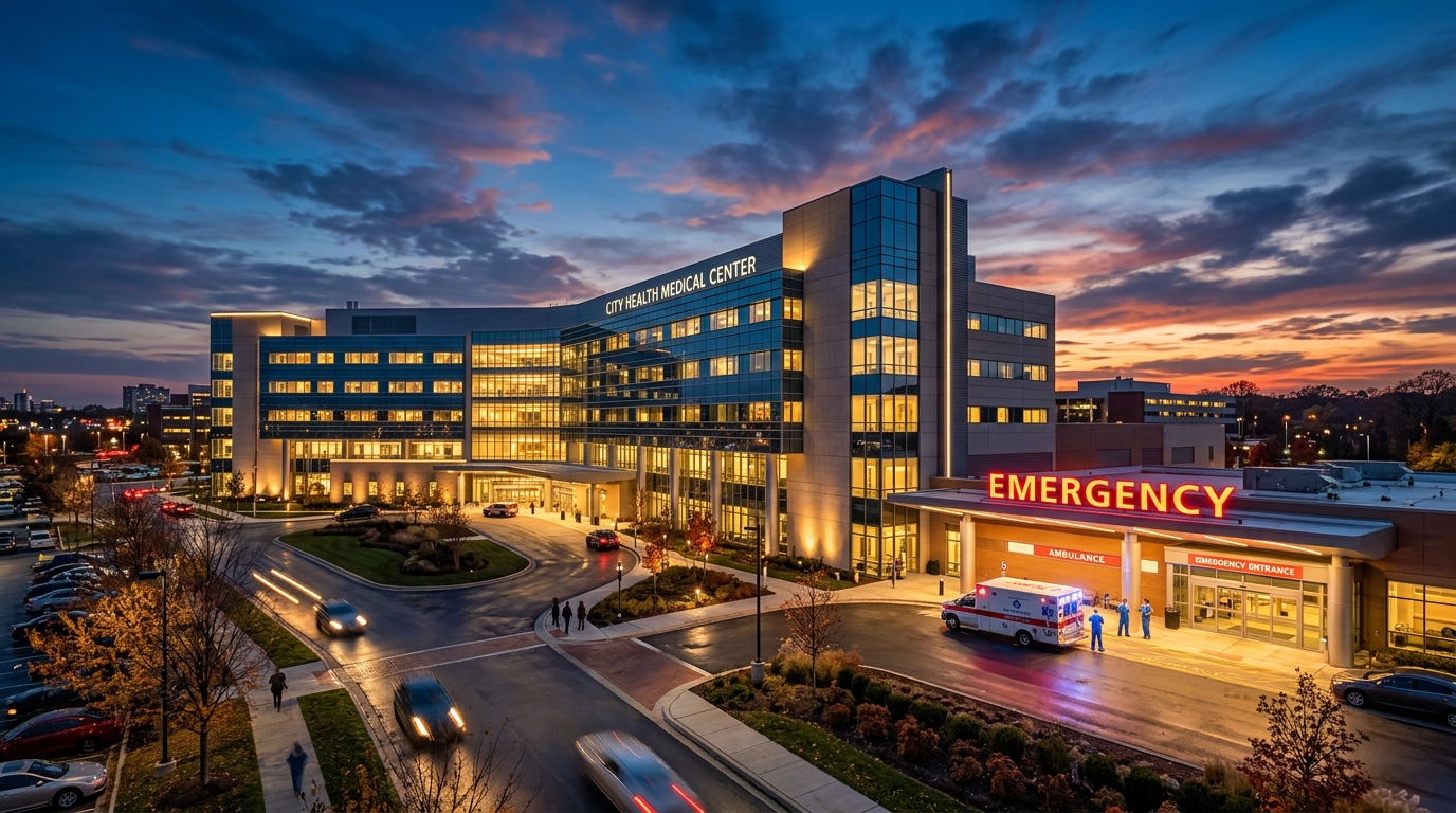 Modern American hospital exterior at dusk