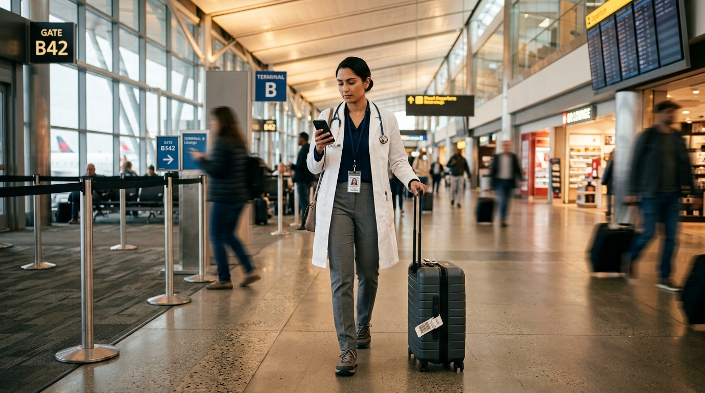 Locum tenens physician deploying to a new assignment at an airport
