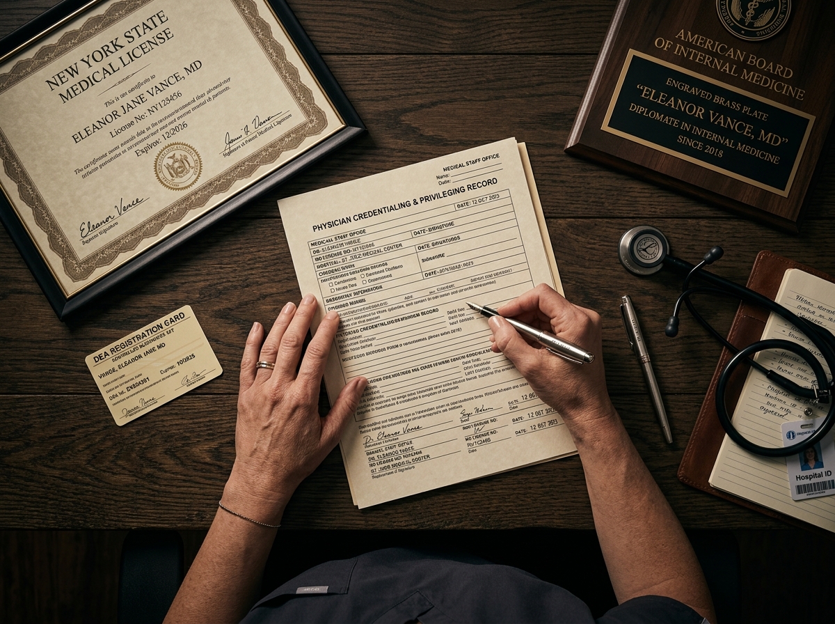Physician reviewing official medical credentialing documents